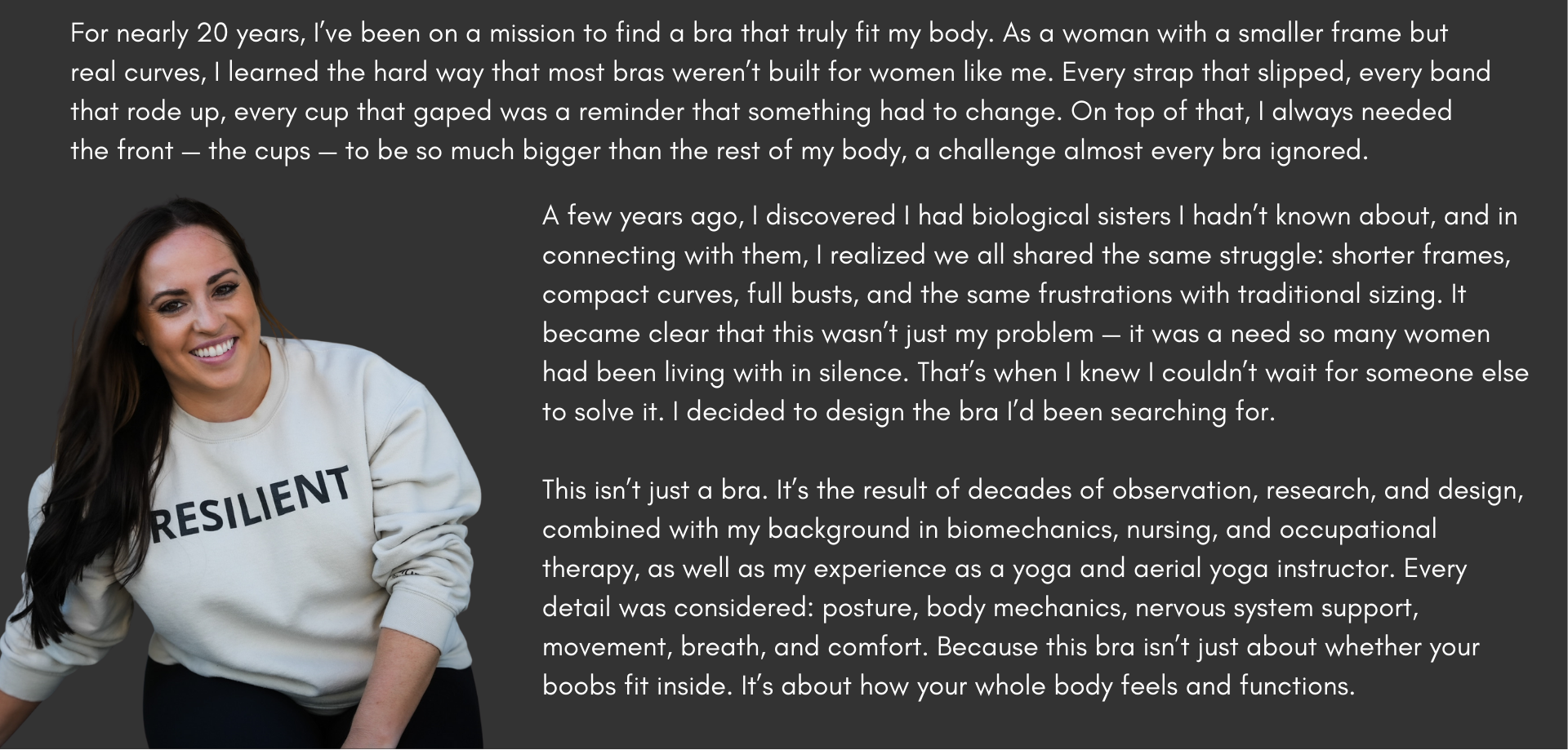 Woman wearing a white sweatshirt with 'RESILIENT' text, standing next to promotional text for RSLT on a dark background.