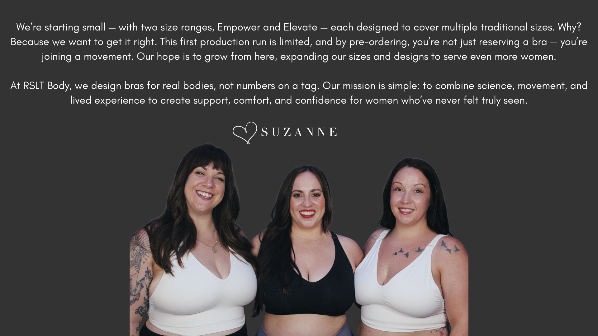 Three women wearing bras with a dark background and Suzanne brand logo.