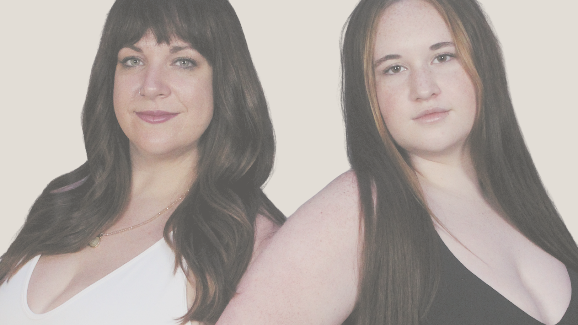 Two women wearing medium to high support bras for short torsos but full cups, in a range of sizes H cup to G cup.