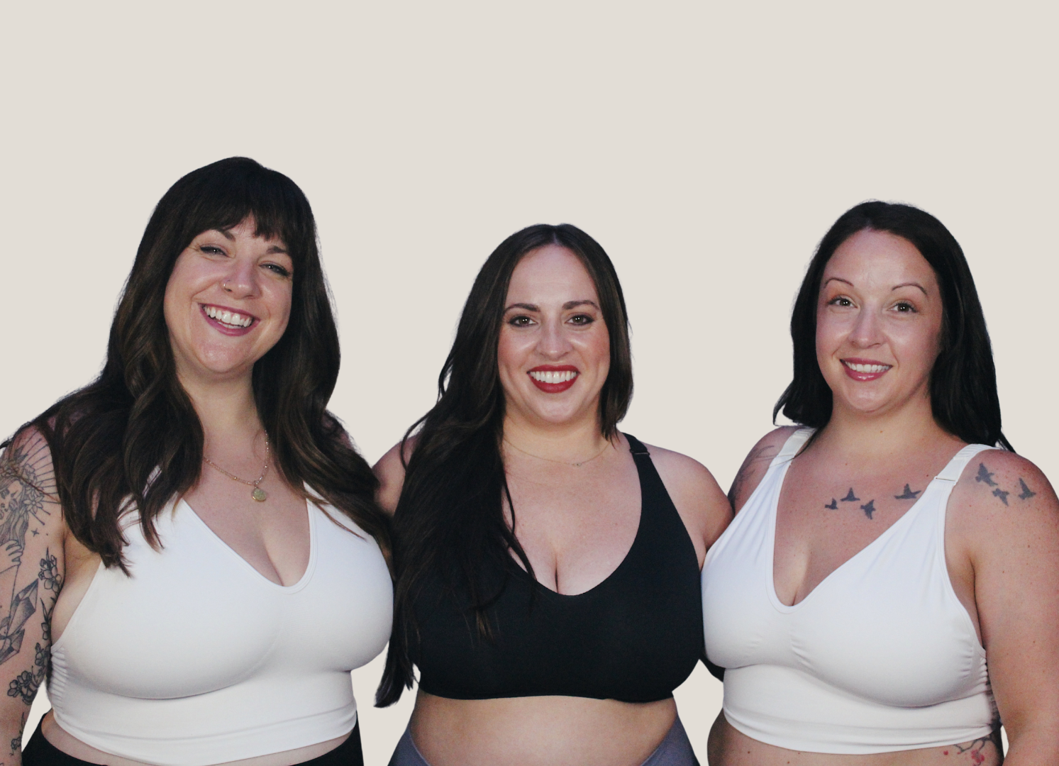 Three women wearing comfortable everyday bras, no zippers, no digging, just support for extended sizes bras.
