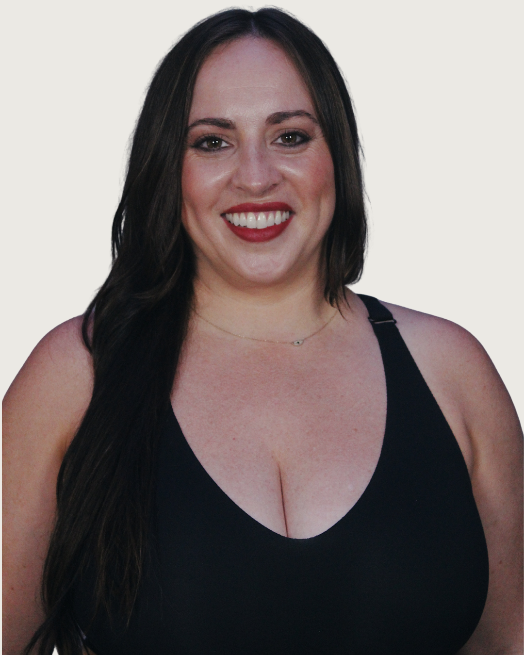 Woman wearing a white bra designed to fit  30G–32H sizes with comfortable, adjustable support, no zippers, no gaps.